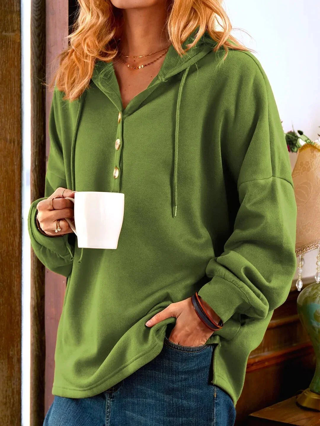 Vintage Einfarbig Langarm Sweatshirt mit Knöpfen